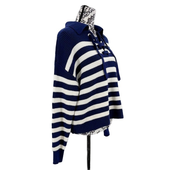 For the Republic Rugby Collar Navy & White Striped Lace up Nautical Soft Sweater - Picture 6 of 10